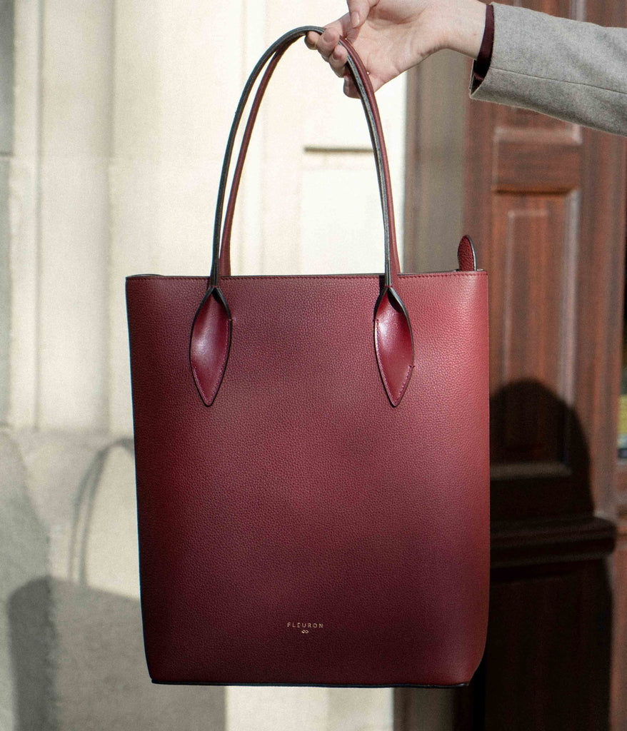 Sac cabas zippé Bambou en cuir de veau pleine fleur bordeaux